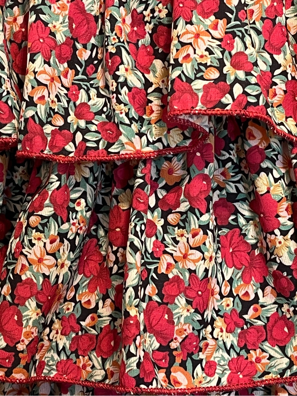 SHEIN Red Floral Tiered Dress with Cream Accents
